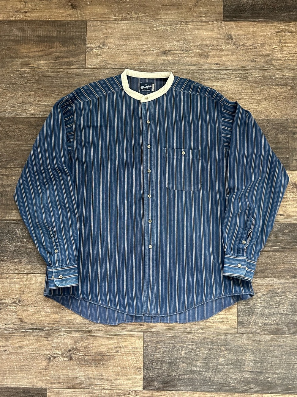 Rare Vtg Wrangler Cream Band Collar Mens XL Striped Rodeo Button Up Long Sleeve
